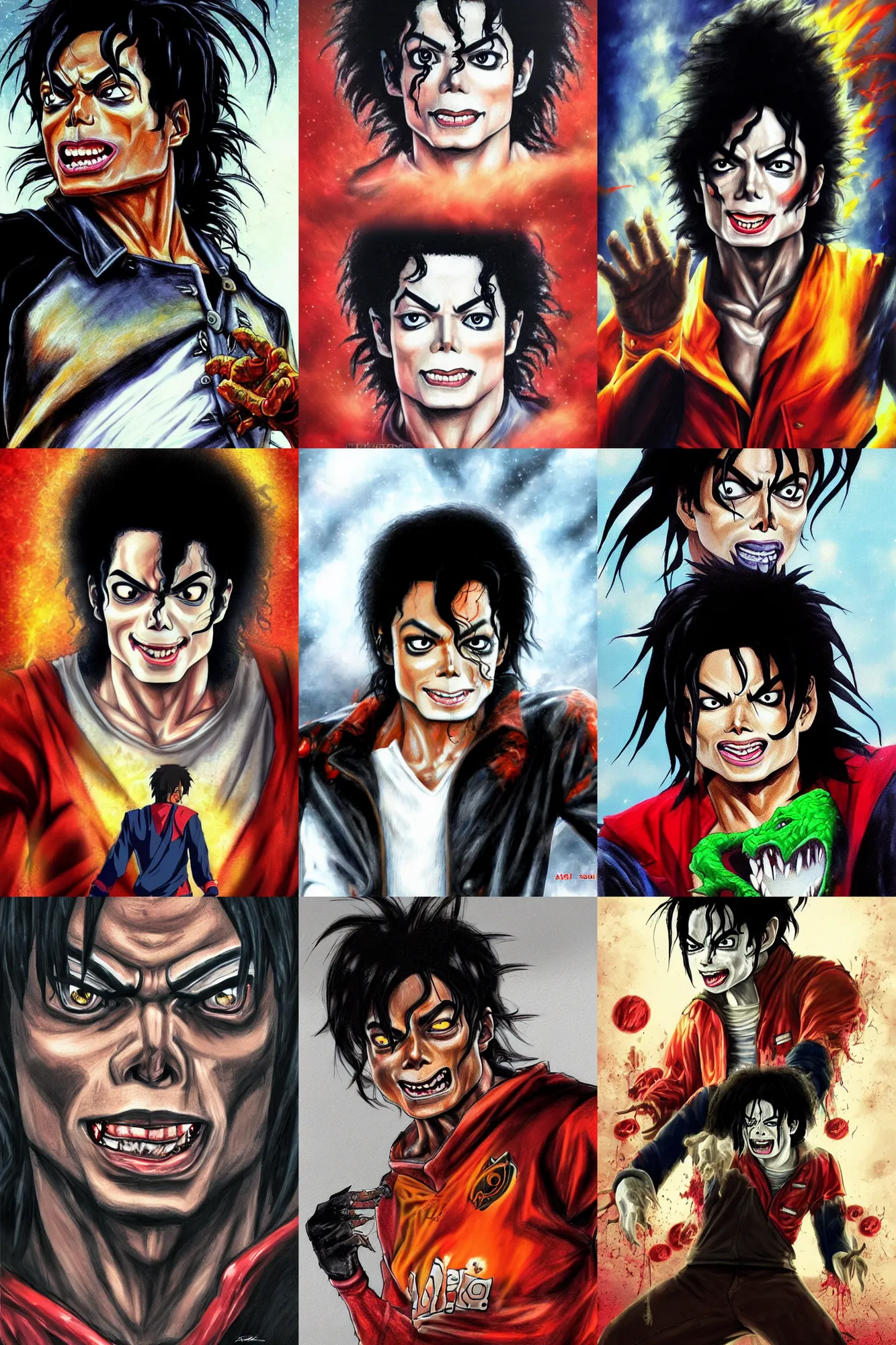 Prompt: michael jackson!!!! realistic dramatic !big face close up concept art of michael jackson thriller zombie as a dragon ball Z character, beautiful landscape bokeh , 4k anime character illustration by akira toriyama, artstation