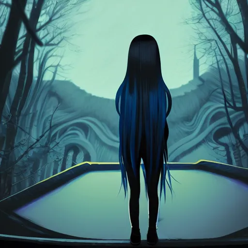 Image similar to low - angle shot from behind of a long blue - haired girl in a tailcoat overlooking hell, combat boots, noir, screenshot, sharp focus, intricate, illustration, cell shaded, digital painting, highly detailed, straight hair, art by ilya kuvshinov, wlop, greg rutkowski, studio quality, james jean