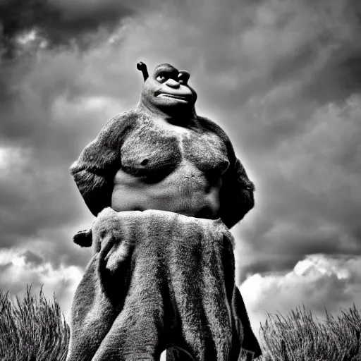 Image similar to shrek's dramatic photo, black and white, heavy grain