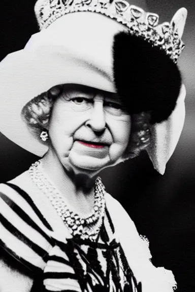 Image similar to a photo taken from a distance of a black and white cat dressed up as queen elizabeth