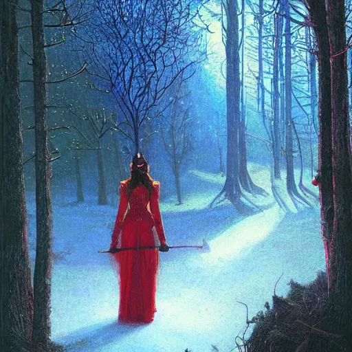 Image similar to the scarlet witch awaits her pursuers, victorian hunters, night time, deep forest, highly detailed, focus, mist nizovtsev, victor