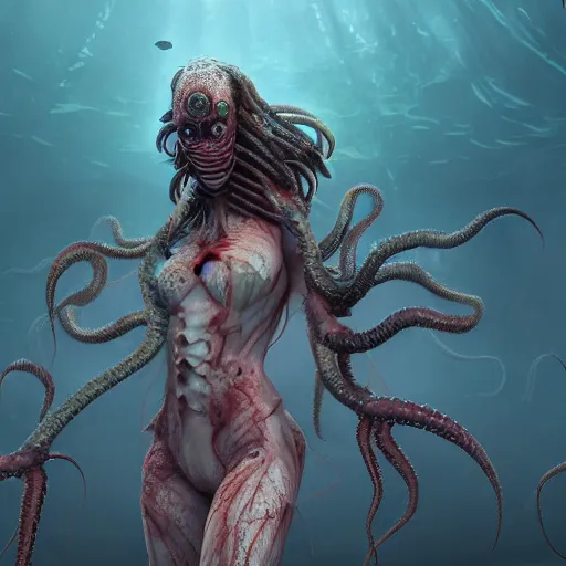 Prompt: beautiful, terrifying, demonic, full body female, with the body of a goddess, with parasitic tentacles crawling up her, in a underwater horror scene, photo realistic, dramatic cinematic lighting, octane render, 4k, ultra detailed,