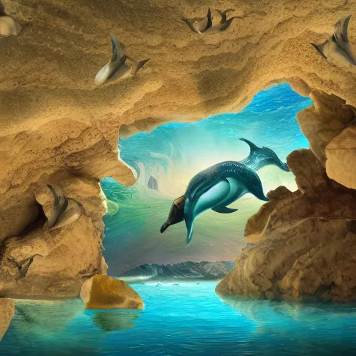 Prompt: vast cave with a wall mosaic of legendary mermaid in stylised sea with dolphins and fish, realistic, 8k, octane render, mist, morning light