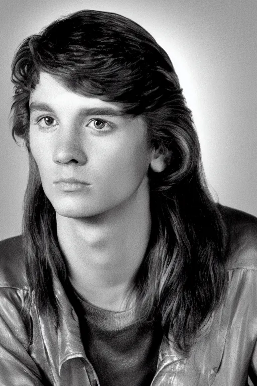 Image similar to an original beeple portrait of a typical member of generation x, in the style of a 1 9 8 0's glamour shot, beautiful flowing mullet hairstyle