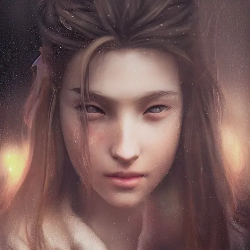 Image similar to beautiful aerith gainsborough, face centered portrait, confident, fog, rain, volumetric lighting, beautiful, golden hour, sharp focus, ultra detailed, cgsociety by leesha hannigan, ross tran, thierry doizon, kai carpenter, ignacio fernandez rios