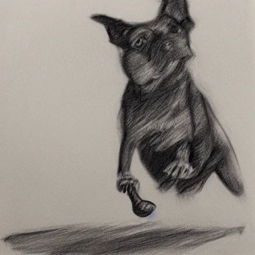 Prompt: expressive charcoal sketch of a dog playing fetch