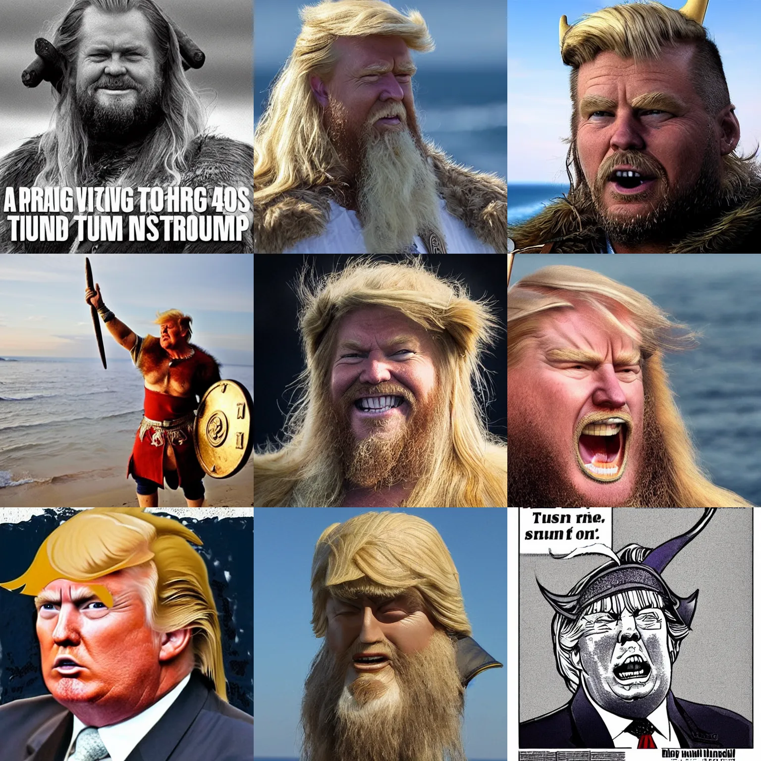 Prompt: a viking looking like donald trump on sea