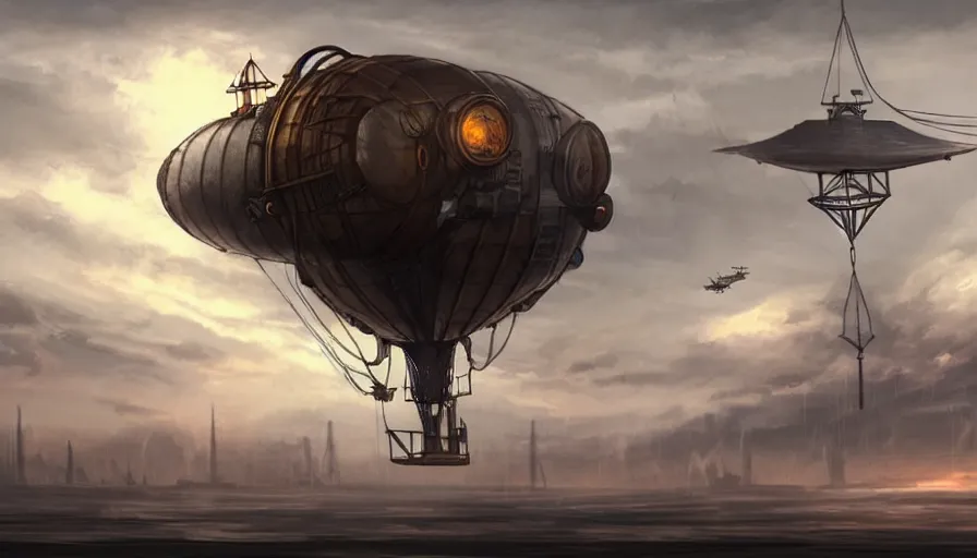 Prompt: a concept art of a steampunk airship exiting it's hanger to sail away in the morning sky, concept art, trending on artstation, steampunk, volumetric lightning