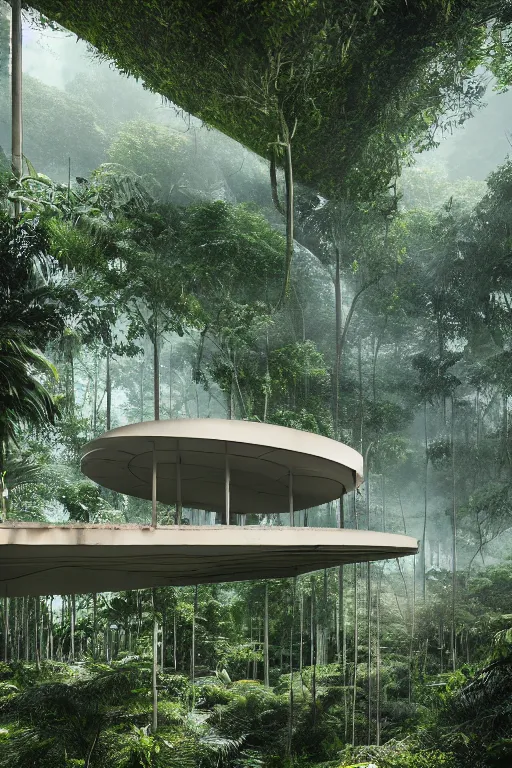 Image similar to architecture inspired by renzo piano deep in the rainforest. nature is taking over. upside down. metabolism. matte painting. octane render. hdr. volumetric lighting. global illumination. atmospheric.