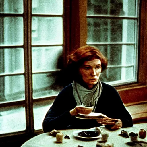 Prompt: film still of soviet movie still a soviet woman sitting at a table next to the window with food, dark warm light, a character portrait by margarita terekhova, movie stalker solaris film still by andrei tarkovsky, 8 k, close - up bokeh, gelios lens, color, noir