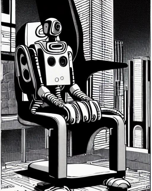 Image similar to robot wearing highly detailed hyperrealism neofuturistic cyberpunk neuralinterface is sitting on a chair, by wally wood and moebius