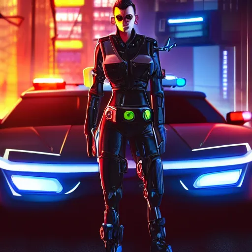 Prompt: A cyber police officer standing next to a futuristic police car in a cyberpunk city, ultrarealistic, detailed, dimly lit, neon lit signs, neon, sci fi, 4k, artstation, octane, unreal