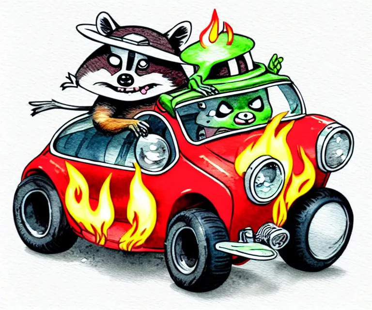 Image similar to cute and funny, racoon wearing a [ helmet with flame stickers ] riding in a tiny hot rod coupe with oversized engine, ratfink style by ed roth, centered award winning watercolor pen illustration, isometric illustration by chihiro iwasaki, edited by range murata