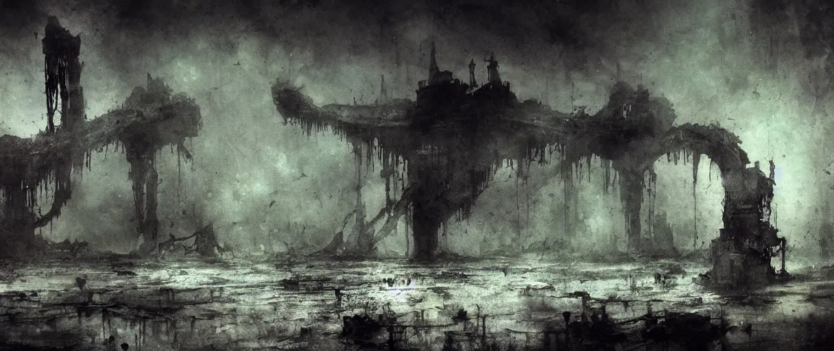 Prompt: wet collodion photography of early xx century r'lyeh sunken city by emil melmoth zdzislaw beksinki craig mullins yoji shinkawa realistic render ominous detailed photo atmospheric by jeremy mann francis bacon and agnes cecile ink drips paint smears digital glitches glitchart