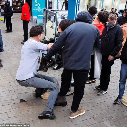 Prompt: car-manipulator picks up one person from a queue of people looking for a store