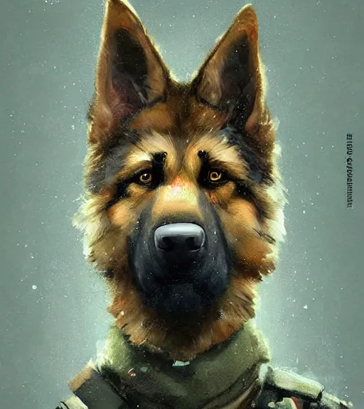 Prompt: Norwegian forest war action portrait of furry anthro anthropomorphic german shepard head animal person fursona wearing clothes modern soldier tactical digital art by Greg Rutkowski, Simon Stalenhag, trending on Artstation, CGSociety