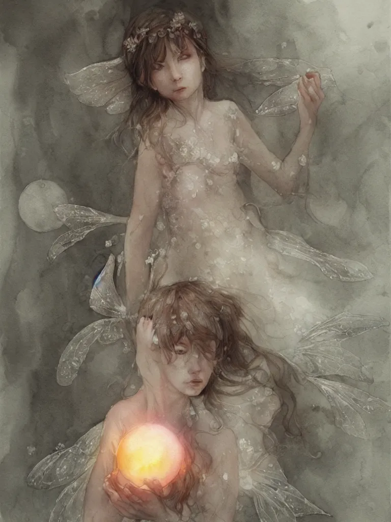 Image similar to study of a flower fairy, holding glowing white orb in hands, illustration, watercolor, alan lee, detailed, pretty, ethereal, realistic, refined, beautiful, artstation,