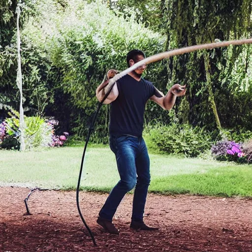 Prompt: man swinging a long horse whip around in the backyard, realistic photo