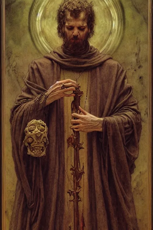 Image similar to a portrait of st cyprian by wayne barlowe, gustav moreau, goward,  Gaston Bussiere and roberto ferri, santiago caruso, and austin osman spare, ((((occult art))))