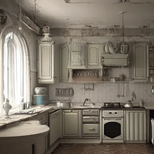 Image similar to a detalied 3 d render of a shabby chic kitchen, by valentin franke, ilya galinsky trending of artstation, photorealism