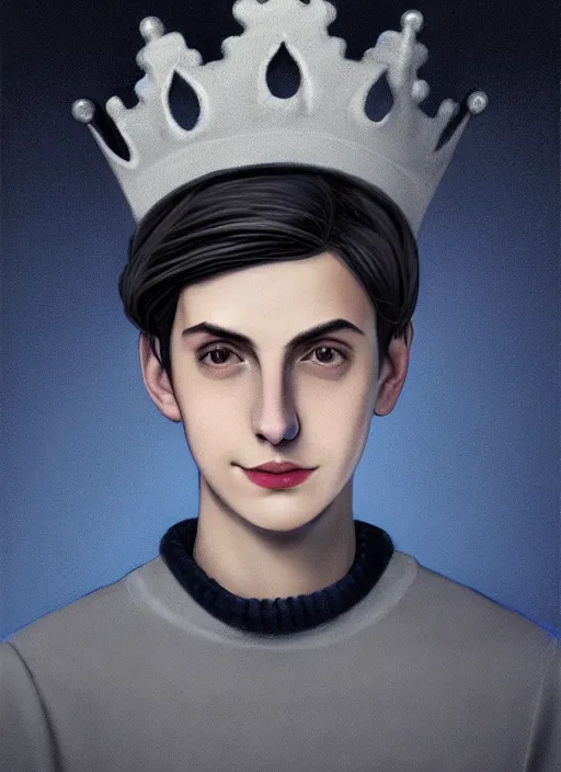 Image similar to portrait of teenage jughead jones wearing a light grey crown, crown, blue turtleneck, 1 9 5 0 s, closed eyes, photorealistic, black hair, glowing lighting, intricate, elegant, glowing lights, highly detailed, digital painting, artstation, concept art, smooth, sharp focus, illustration, art by wlop, mars ravelo and greg rutkowski