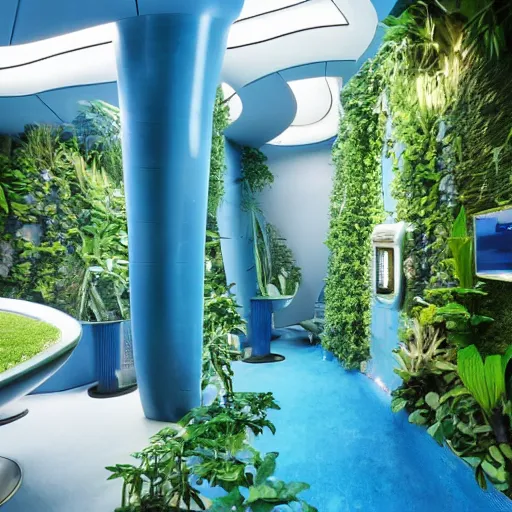 Prompt: a large blue futuristic room, startrek style, filled with plants, vegetation, rocks and a swimming pool.