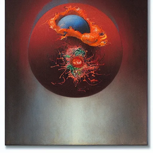 Image similar to a sphere being devoured by abstract splatters of paint in the style of francis bacon, venus being engulfed in flames in the style of james jean, surreal, beksinski, high detailed