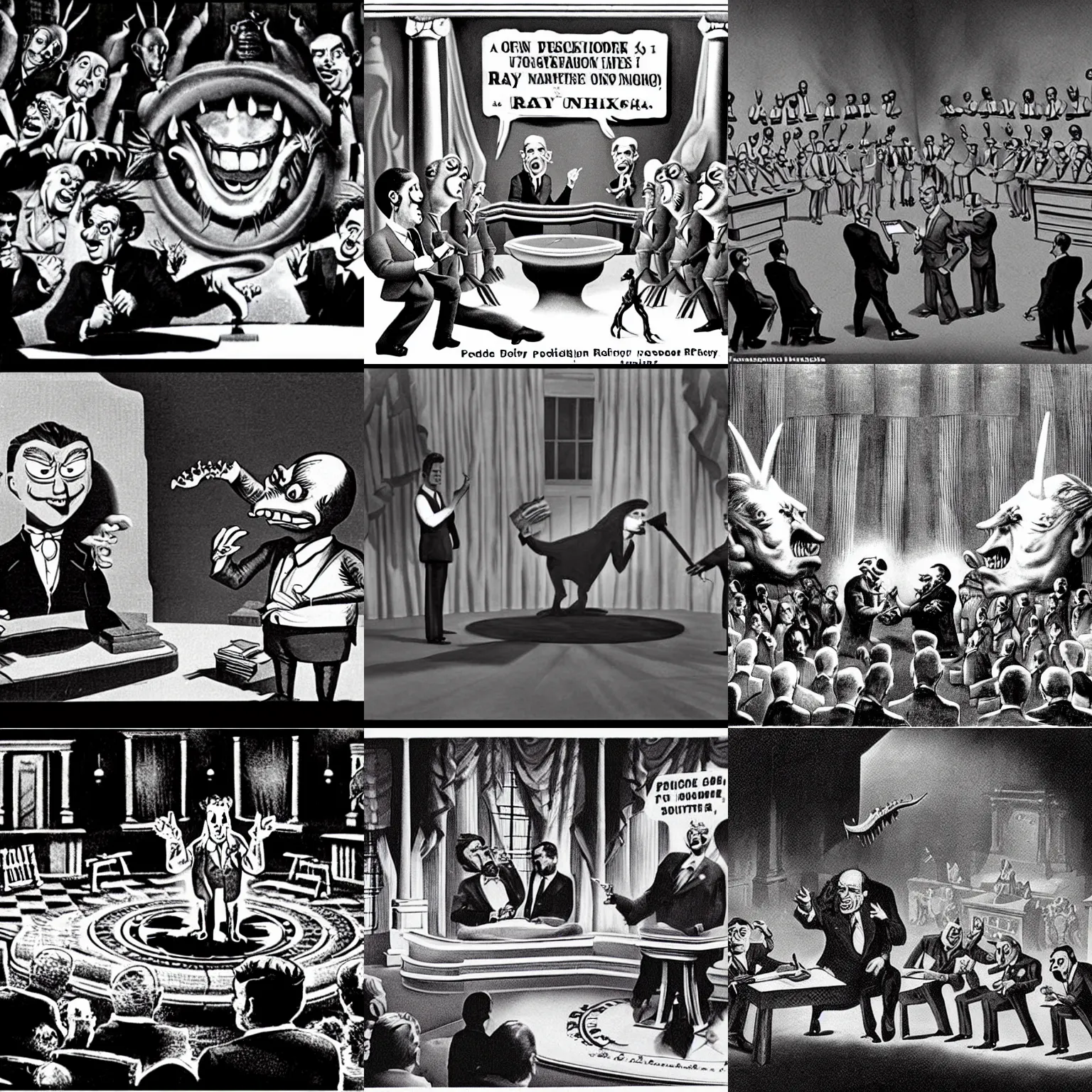 Prompt: a presidential debate depicted as a ray harryhausen stop motion monster fight, 1 9 5 0 s film still, political cartoon