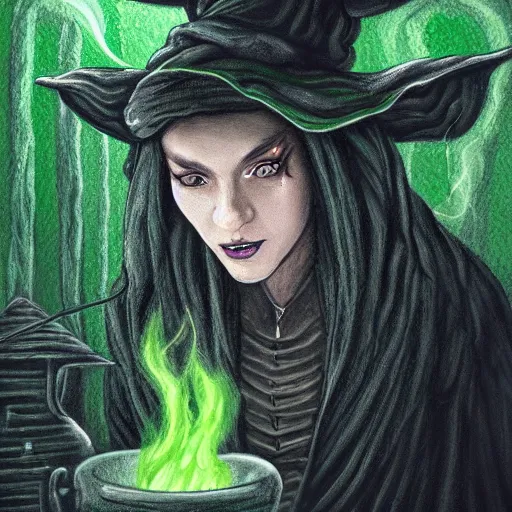 Prompt: close shot of a witch brewing in her lair, depressing, gloomy, tired, detailed, witch hat, dungeon, green smoke, fire, smoke, realism, realistic, hyper detailed, green lighting, ambient lighting, smoke, haze, bokeh, acrylic, digital painting,