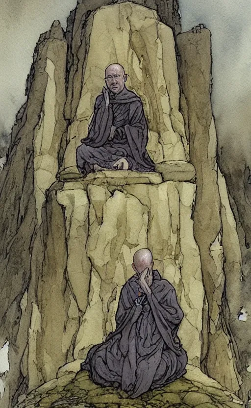 Prompt: a realistic and atmospheric watercolor fantasy concept art of giant monk in grey robes sitting in stonehenge. in the foreground a small female medieval monk in grey robes is kneeling with her hands by her sides. by rebecca guay, michael kaluta, charles vess