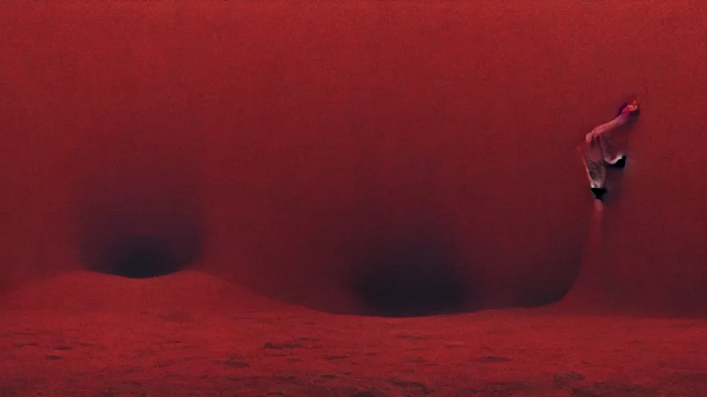 Prompt: a strange creature pushes up from underneath a sea of red cloth, film still from the movie directed by Denis Villeneuve with art direction by Zdzisław Beksiński, wide lens