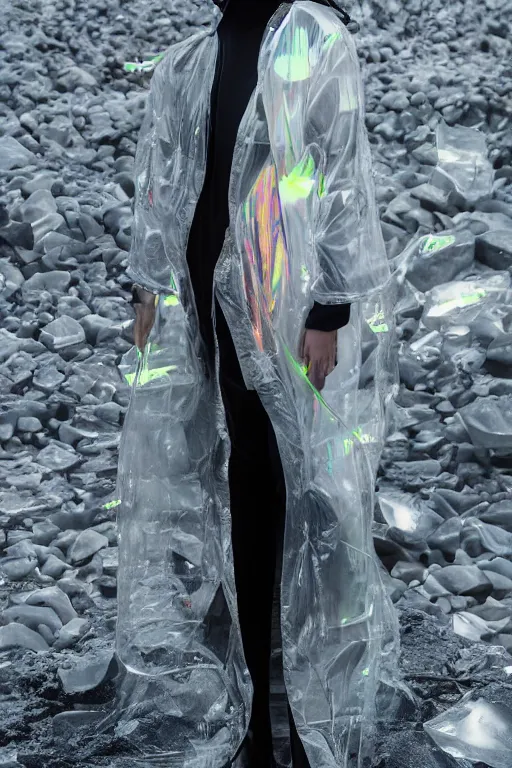 Image similar to an ultra high definition professional high fashion portrait studio full length photograph of a model wearing a transparent pearlescent raincoat and neon visor in an icelandic black rock environment at dawn. no artefacts. extremely detailed. stark. refraction. shallow depth of field. volumetric light and shadow. ray tracing. light rays.