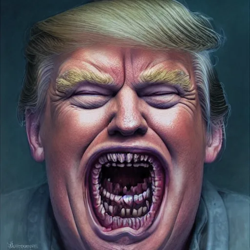 Prompt: donald trump, donald trump with pig nose, toothless mutant, horror, macabre by donato giancola and greg rutkowski and wayne barlow and zdzisław beksinski, realistic face, digital art