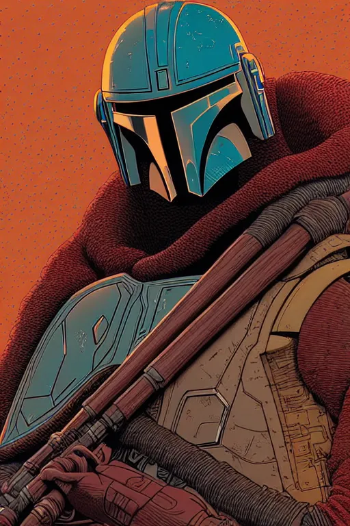 Image similar to closeup potrait of the mandalorian, intricate, volumetric lighting, moebius, geof darrow, frank miller, dan mumford, detailed illustration, digital art, victo ngai, kilian eng, vector art