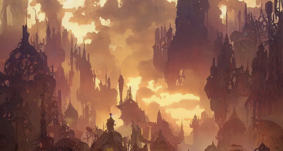 Image similar to A beautiful landscape painting of steampunk landscape by Alfons Maria Mucha and Julie Dillon and Makoto Shinkai