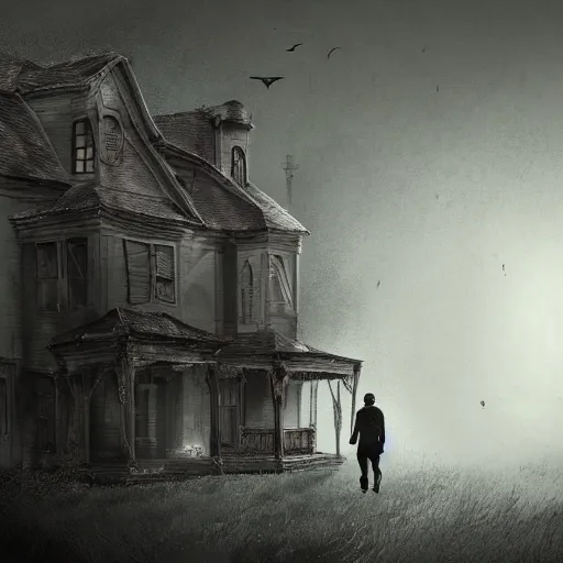 Image similar to a man walks through a haunted house, dark, creepy, detailed, digital art