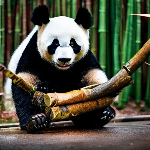 Prompt: a cyborg panda eating metallic bamboo in the rain, cyberpunk noir 35mm shallow dof