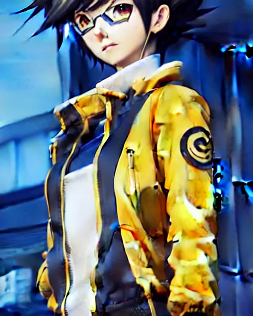 Image similar to Anime as Tracer Overwatch Tracer-Overwatch || cute-fine-face, pretty face, realistic shaded Perfect face, fine details. Anime. realistic shaded lighting poster by Ilya Kuvshinov katsuhiro otomo ghost-in-the-shell, magali villeneuve, artgerm, Jeremy Lipkin and Michael Garmash and Rob Rey brown jacket, yellow tight pants