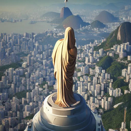 Image similar to a highly detailed picture of, the christo redentor dabbing over rio de janeiro and shouting poggers, ultrawide lens, art by john collier and albert aublet and krenz cushart and artem demura and alphonse mucha, volumetric lighting, octane render, 4 k resolution, trending on artstation, masterpiece