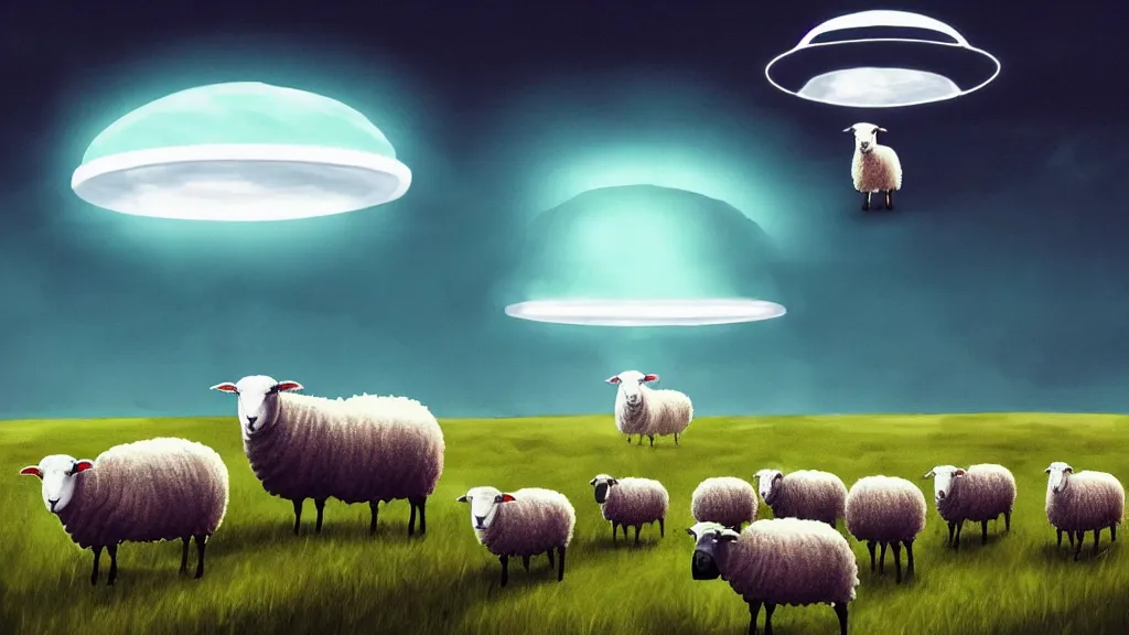 Prompt: sheep in a field being abducted by a ufo!, hyper energy, punk aesthetic, concept art, sharp focus, illustration,