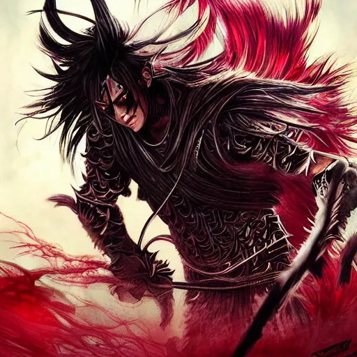 Prompt: mazoku warrior, handsome japanese demon boy, young adult mazoku man with long wild spiky black hair, vantablack clothes, red eyes, ultra realistic, intricate details, eerie, highly detailed, photorealistic, octane render, 8 k, art by artgerm, greg rutkowski, charlie bowater, magali villeneuve, alphonse mucha