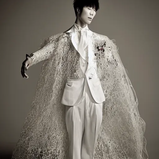 Image similar to a beautiful young korean male wearing a translucid lace wedding gown designed by alexander mcqueen, photographed by andrew thomas huang for a fashion editorial