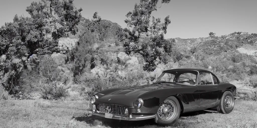 Image similar to photograph, 1958 FERRARI 250 GT, by Peter Singhof, press release, cinematic, malibu canyon, 8k, depth of field, bokeh. rule of thirds