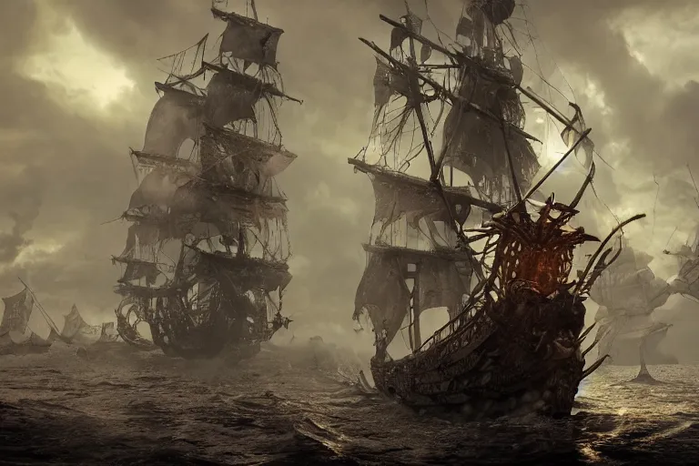 Image similar to a pirate ship with elaborate design driven by skeletons in the middle of a thunderstorm, dark souls inspired, elden ring inspired, octane render, rtx, unreal engine 5, digital painting, trending on artstation, highly detailed, epic composition, 8 k uhd