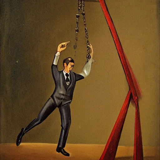 Prompt: A man as a pendulum, swinging on fate