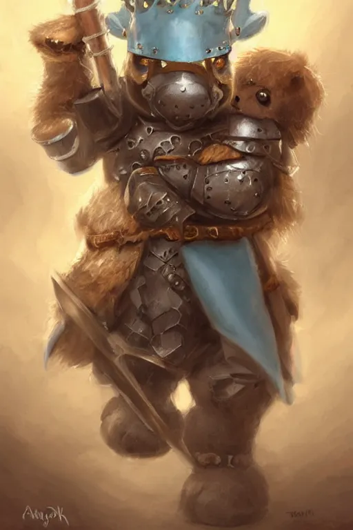 Image similar to cute little anthropomorphic bear knight wearing a cape and a crown, tiny, small, miniature bear, baby animal, short, pale blue armor, cute and adorable, pretty, beautiful, DnD character art portrait, matte fantasy painting, DeviantArt Artstation, by Jason Felix by Steve Argyle by Tyler Jacobson by Peter Mohrbacher, cinematic lighting