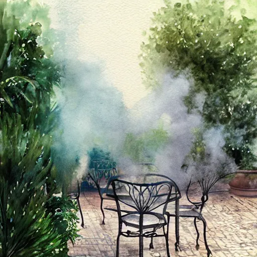 Image similar to delicate smoke, chairs, garden, paved, botanic watercolors, iridescent, 8 k, realistic shaded, fine details, artstation, italian, iron gate, tree, mediterranean, marvelous