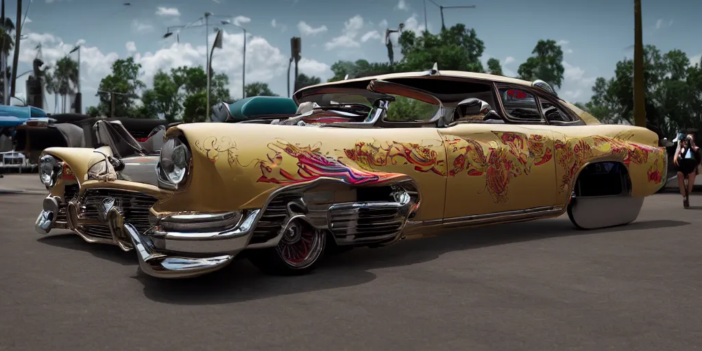 Image similar to highly detailed photo of an award winning lowrider, cruising at a car show, car bounce, air suspension, fan girls, 8 k, octane render, unreal engine, ue 5, photoshop, maya, ray tracing