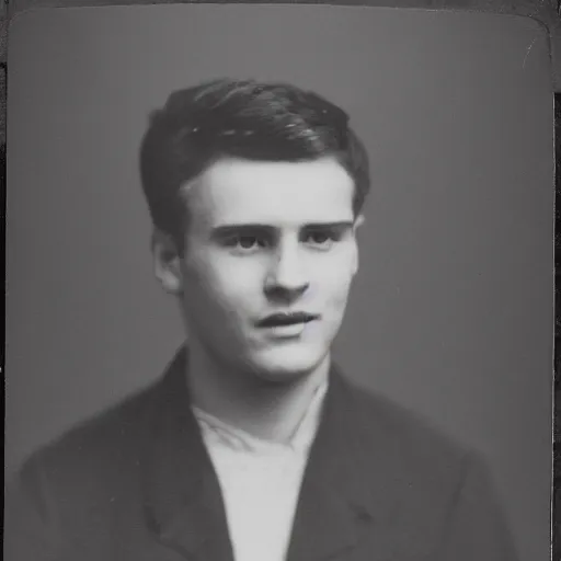 Image similar to A photo of a scottish 20 year old portrait photo infront of leaves filling the screen. Blue jacket wearing man with short hair and short facial hair. Looking directly towards camera this man with a triangular thin shape and thin nose is off center to the left of the frame.