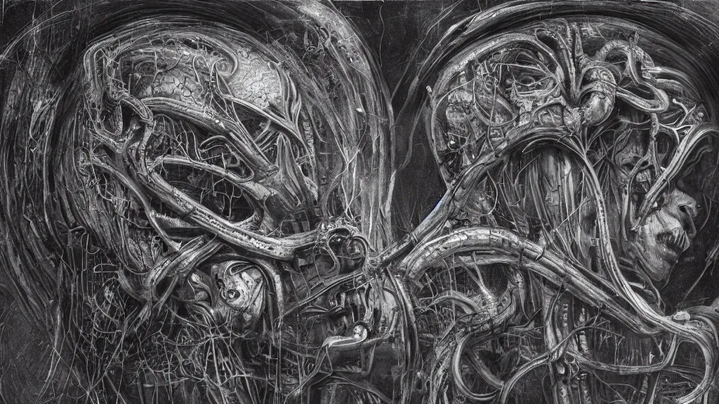 Prompt: Heart of the internet, style of Giger, H. R. GIGER, 4K, highly detailed, minimalistic